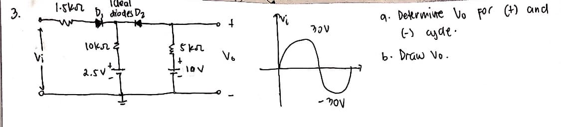 Tdeal
diodes Dz
1-5kr
3.
9. Determine Vo
(-) ayde.
For (+) and
Vi
Vo
2.5v
b. Draw Vo.
+ 1av
Nou -
