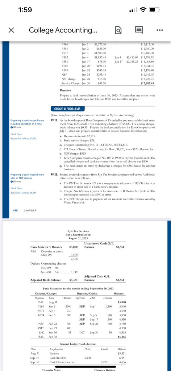 1:59
College Accounting..
...
Jun 1
Jun 2
# 580
$2,275.00
$12,115.00
# 581
$135.00
$11,980.00
# 577
Jun 3
$1,500,00
$10,480.00
$1,137.45
$75.00
# 582
Jun 4
Jun 4
$2,456.00 $11,798.55
# 586
Jun 17
Jun 17 $2,345.25 $14,068.80
$13,944.05
#587
Jun 20
$124.75
#585
Jun 28
$745.65
$13,198.40
NSF
Jun 28
$255,45
$12,942.95
NSF charge
Service Charge Jun 30
Jun 28
$15.00
$12,927.95
$45.50
$12,882.45
Required
Prepare a bank reconciliation at June 30, 2023. Assume that any errors were
made by the bookkeeper and Cheque #585 was for office supplies.
GROUP B PROBLEMS
(Excel templates for all questions are available in Mylab Accounting)
Preparing a bank reconciliation,
including collection of a note
O (20 min)
P9-18. As the bookkeeper of Rose Company of Drumheller, you received the bank state-
ment from TD Canada Trust indicating a balance of $5,820. The ending cheque-
book balance was $6,321. Prepare the bank reconciliation for Rose Company as of
July 31, 2023, and prepare journal entries as needed based on the following:
Chok Fige
a. Deposits in transit, $2,875.
b. Bank service charges, $24.
c. Cheques outstanding: No. 111, $478; No. 115, $1,147.
Reconciled balance $7,630
d. TD Canada Trust collected a note for Rose, $1,770, less a $12 collection fee.
e. NSF cheque, $525.
f. Rose Company records cheque No. 107 as $900 to pay the month's rent. The
cancelled cheque and bank statement show the actual cheque was $800.
g The bank made an error by deducting a cheque for $560 issued by another
business.
P9-28. Several source documents from RJ's Tax Services are presented belo. Additional
Preparing a bank reconciliation
with an NSF cheque
information is as follows.
O 40 min)
a. The PMT on September 29 was a loan payment taken out of RJ's Tax Services
account in error due to a bank clerk's mistake.
Chk Fige
b. Cheque No. 674 was a payment for insurance to B. Brubacher Brokers. The
bookkeeper recorded it as $690 in error.
c. The NSF cheque was in payment of an accounts receivable balance owed by
Vinny Vanelswyk.
Reconciled balance $4,441
448
CHAPTER 9
RJ's Tax Services
Bank Reconciliation
August 31, 2023
Unadjusted Cash G/L
Bank Statement Balance
$3,000
Balance
$3,351
Add:
Deposits in transit
(Aug 29)
1,500
4.500
Deduct: Outstanding cheques
No. 669 600
No. 670 549
1,149
Adjusted Cash G/L
Balance
Adjusted Bank Balance
$3,351
$3,351
Bank Statement for the month ending September 30, 2023
Cheques/Charges
Reference
Deposits/Credits
Balance
Date
Awonnt Reference
Date
Awonnt
Aug 31
Sep 1
BAL
$3,000
#669
S600
DEP
Sep 1
1,500
3,900
#671
3,650
Sep 4
Sep 5
250
#674
600
DEP
Sep 5
Sep 17
Sep 22
800
3,850
DEP
500
4,350
NSF
Sep 22
300
DEP
700
4,750
PMT
Sep 29
400
4,350
S/C
4,365
Sep 30
Sep 30
35
INT
Sep 30
50
BAL
$4,365
General Ledger Cash Account
Date
Explanation
Debit
Credit
Balance
Aug 31
Balance
$3,351
Sep. 30
Cash Receipts
3,500
6,851
Sep. 30
Cash Disbursements
2,215
4,636
Deposits Made
Cheques Written
