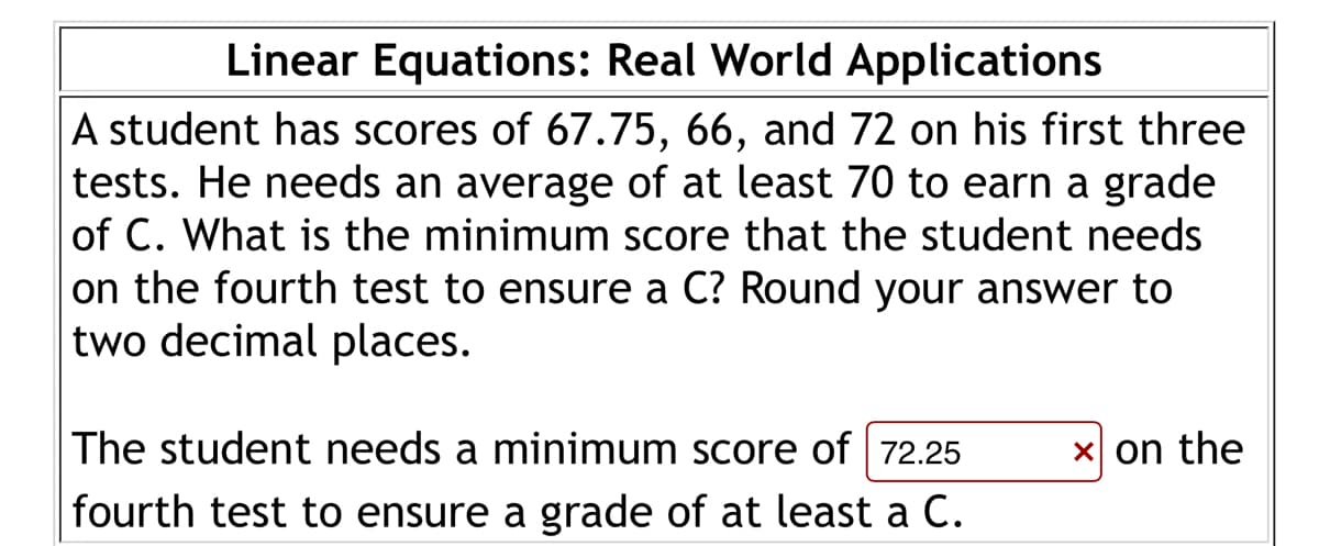 Linear Equations: Real World Applications
A student has scores of 67.75, 66, and 72 on his first three
tests. He needs an average of at least 70 to earn a grade
of C. What is the minimum score that the student needs
on the fourth test to ensure a C? Round your answer to
two decimal places.
x on the
The student needs a minimum score of 72.25
fourth test to ensure a grade of at least a C.