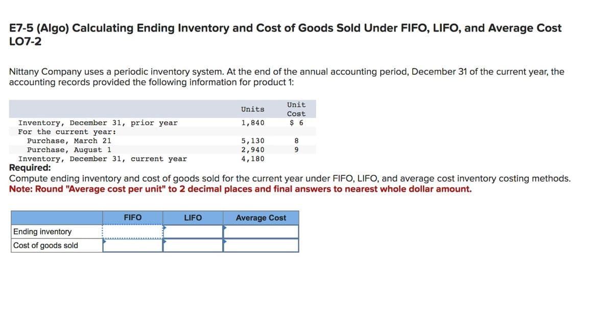 E7-5 (Algo) Calculating Ending Inventory and Cost of Goods Sold Under FIFO, LIFO, and Average Cost
LO7-2
Nittany Company uses a periodic inventory system. At the end of the annual accounting period, December 31 of the current year, the
accounting records provided the following information for product 1:
Ending inventory
Cost of goods sold
Inventory, December 31, prior year
For the current year:
Purchase, March 21
Purchase, August 1
Inventory, December 31, current year
Required:
Compute ending inventory and cost of goods sold for the current year under FIFO, LIFO, and average cost inventory costing methods.
Note: Round "Average cost per unit" to 2 decimal places and final answers to nearest whole dollar amount.
FIFO
Units
1,840
LIFO
5,130
2,940
4,180
Unit
Cost
$ 6
Average Cost
8
9