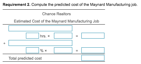 Requirement 2. Compute the predicted cost of the Maynard Manufacturing job.
Chance Realtors
Estimated Cost of the Maynard Manufacturing Job
hrs. x
% x
Total predicted cost
II
