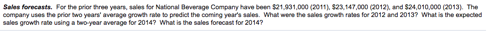 Sales forecasts. For the prior three years, sales for National Beverage Company have been $21,931,000 (2011), $23,147,000 (2012), and $24,010,000 (2013). The
company uses the prior two years' average growth rate to predict the coming year's sales. What were the sales growth rates for 2012 and 2013? What is the expected
sales growth rate using a two-year average for 2014? What is the sales forecast for 2014?
