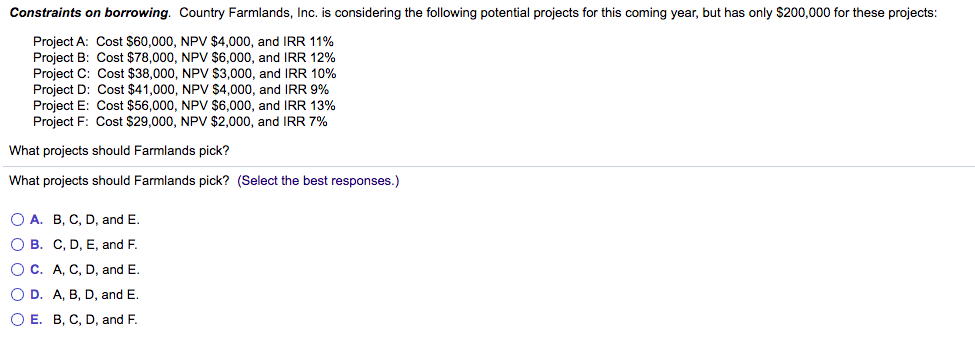 Constraints on borrowing. Country Farmlands, Inc. is considering the following potential projects for this coming year, but has only $200,000 for these projects:
Project A: Cost $60,000, NPV $4,000, and IRR 11%
Project B: Cost $78,000, NPV $6,000, and IRR 12%
Project C: Cost $38,000, NPV $3,000, and IRR 10%
Project D: Cost $41,000, NPV $4,000, and IRR 9%
Project E: Cost $56,000, NPV $6,000, and IRR 13%
Project F: Cost $29,000, NPV $2,000, and IRR 7%
What projects should Farmlands pick?
What projects should Farmlands pick? (Select the best responses.)
O A. B, C, D, and E.
O B. C, D, E, and F.
OC. A, C, D, and E.
O D. A, B, D, and E.
O E. B, C, D, and F.
