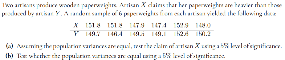 Two artisans produce wooden paperweights. Artisan X claims that her paperweights are heavier than those
produced by artisan Y. A random sample of 6 paperweights from each artisan yielded the following data:
X
Y
151.8
151.8
151.8
147.9 147.4 152.9 148.0
149.7 146.4 149.5 149.1 152.6 150.2
(a) Assuming the population variances are equal, test the claim of artisan X using a 5% level of significance.
(b) Test whether the population variances are equal using a 5% level of significance.