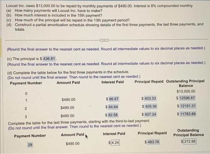 Locust Inc. owes $13,000.00 to be repaid by monthly payments of $490.00. Interest is 8% compounded monthly.
(a) How many payments will Locust Inc. have to make?
(b) How much interest is included in the 15th payment?
(c) How much of the principal will be repaid in the 13th payment period?
(d) Construct a partial amortization schedule showing details of the first three payments, the last three payments, and
totals.
(Round the final answer to the nearest cent as needed. Round all intermediate values to six decimal places as needed.)
(c) The principal is $ 436.81.
(Round the final answer to the nearest cent as needed. Round all intermediate values to six decimal places as needed.).
(d) Complete the table below for the first three payments in the schedule.
(Do not round until the final answer. Then round to the nearest cent as needed.)
Payment Number
Amount Paid
Interest Paid
0
1
$490.00
$ 86.67
$ 403.33
$490.00
$ 84.64
$ 405.36
3
$490.00
$82.58
$ 407.24
Complete the table for the last three payments, starting with the third-to-last payment.
(Do not round until the final answer. Then round to the nearest cent as needed.)
Amount Paid
Interest Paid
Payment Number
2
28
$490.00
Principal Repaid Outstanding Principal
Balance
$13,000.00
$ 12596.67
$ 12191.31
$11783.89
4.24
Principal Repaid
$483.76
Outstanding
Principal Balance
$272.88