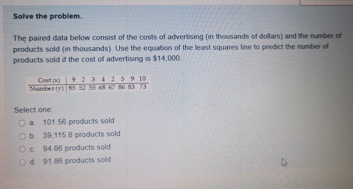 Solve the problem.
The paired data below consist of the costs of advertising (in thousands of dollars) and the number of
products sold (in thousands). Use the equation of the least squares line to predict the number of
products sold if the cost of advertising is $14,000.
Cost (x) 923 4 2 5 9 10
Number (y) 85 52 55 68 67 86 83 73
Select one:
Oa 101.56 products sold
Ob 39,115.8 products sold
94.86 products sold
О с.
O d. 91.86 products sold
4