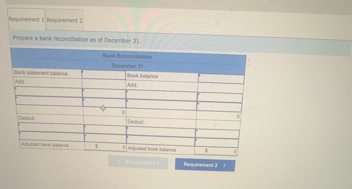 Requirement 1 Requirement 2
Prepare a bank reconciliation as of December 31.
Bank statement balance
Add:
Deduct:
Adjusted bank balance
$
Bank Reconciliation
December 31
0
Book balance
Add:
Deduct:
0 Adjusted book balance
< Requirement 1
$
Requirement 2 >
0
0