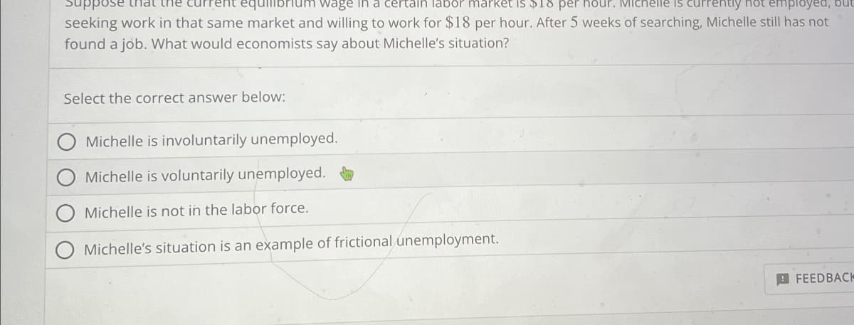 Suppose th
ent
prium wage in a certain labor market is $18 per hour. Michelle is curren not employed, but
seeking work in that same market and willing to work for $18 per hour. After 5 weeks of searching, Michelle still has not
found a job. What would economists say about Michelle's situation?
Select the correct answer below:
Michelle is involuntarily unemployed.
Michelle is voluntarily unemployed.
Michelle is not in the labor force.
Michelle's situation is an example of frictional unemployment.
FEEDBACK