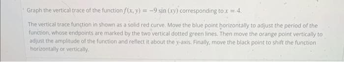 Graph the vertical trace of the function f(x, y) = -9 sin (xy) corresponding to .x = 4.
The vertical trace function in shown as a solid red curve. Move the blue point horizontally to adjust the period of the
function, whose endpoints are marked by the two vertical dotted green lines. Then move the orange point vertically to
adjust the amplitude of the function and reflect it about the y-axis. Finally, move the black point to shift the function
horizontally or vertically.