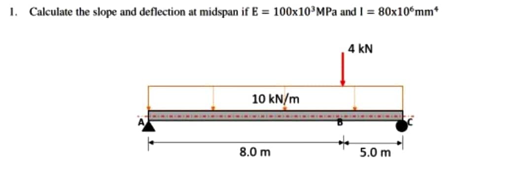 1. Calculate the slope and deflection at midspan if E = 100x10 MPa and I = 80x10°mm*
4 kN
10 kN/m
8.0 m
5.0 m
