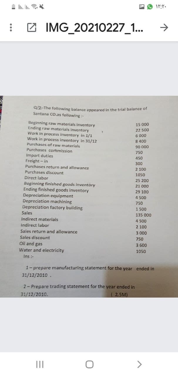 1 In. In.
Z IMG_20210227_1..
->
Q/2:-The following balance appeared in the trial balance of
Santana CO.as following :-
Beginning raw materials inventory
Ending raw materials inventory
Work in process inventory in 1/1
Work in process inventory in 31/12
15 000
22 500
6 000
৪ 400
Purchases of raw materials
90 000
Purchases commission
750
Import duties
Freight- in
Purchases return and allowance
450
300
2 100
Purchases discount
1050
Direct labor
25 200
Beginning finished goods inventory
Ending finished goods inventory
21 000
29 100
Depreciation equipment
4 500
Depreciation machining
Depreciation factory building
Sales
750
1 500
135 000
Indirect materials
4 500
Indirect labor
2 100
Sales return and allowance
3 000
Sales discount
750
Oil and gas
Water and electricity
3 600
1050
Ins :-
1- prepare manufacturing statement for the year ended in
31/12/2010 .
2-Prepare trading statement for the year ended in
( 2 5M)
31/12/2010.
II
<>
