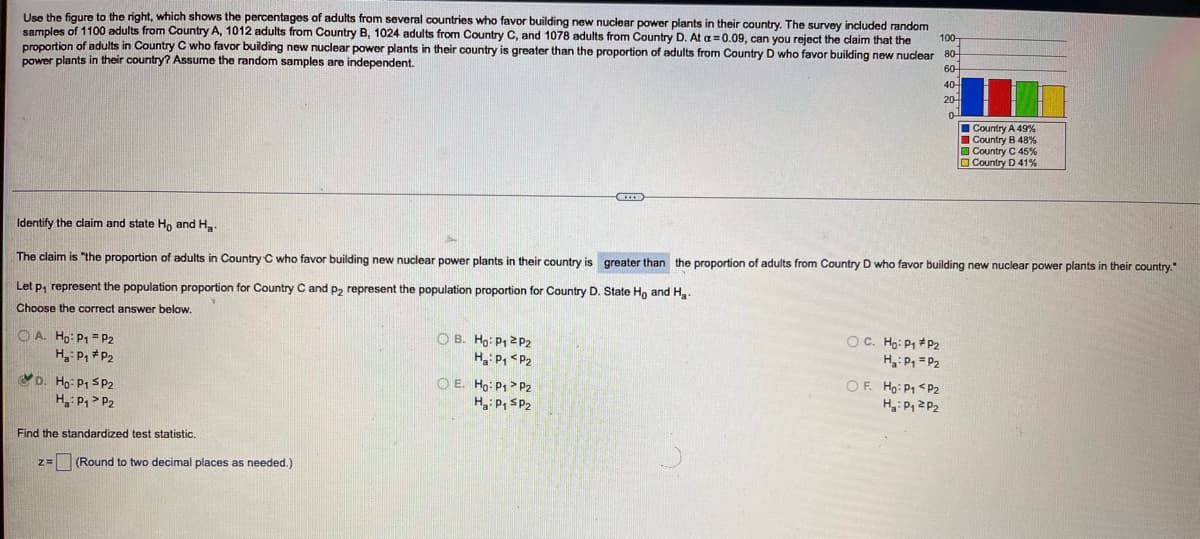 Use the figure to the right, which shows the percentages of adults from several countries who favor building new nuclear power plants in their country. The survey included random
samples of 1100 adults from Country A, 1012 adults from Country B, 1024 adults from Country C, and 1078 adults from Country D. At a = 0.09, can you reject the claim that the
proportion of adults in Country C who favor building new nuclear power plants in their country is greater than the proportion of adults from Country D who favor building new nuclear 80-
power plants in their country? Assume the random samples are independent.
100-
60-
40
20-
I Country A 49%
I Country B 48%
O Country C 45%
O Country D 41%
Identify the claim and state Ho and H.
The claim is "the proportion of adults in Country C who favor building new nuclear power plants in their country is greater than the proportion of adults from Country D who favor building new nuclear power plants in their country."
Let p, represent the population proportion for Country C and p2 represent the population proportion for Country D. State Ho and H.
Choose the correct answer below.
O A. Ho: P1 = P2
H: P, * P2
O B. Ho: P1 2P2
OC. Hg: P1 *P2
H„:P, = P2
OF. Ho: P1 <P2
H: P, 2P2
H: P, <P2
YD. Ho: P1 SP2
O E. Ho: P1 > P2
H: P, SP2
H: P1 > P2
Find the standardized test statistic.
z= (Round to two
mal places as needed.)
