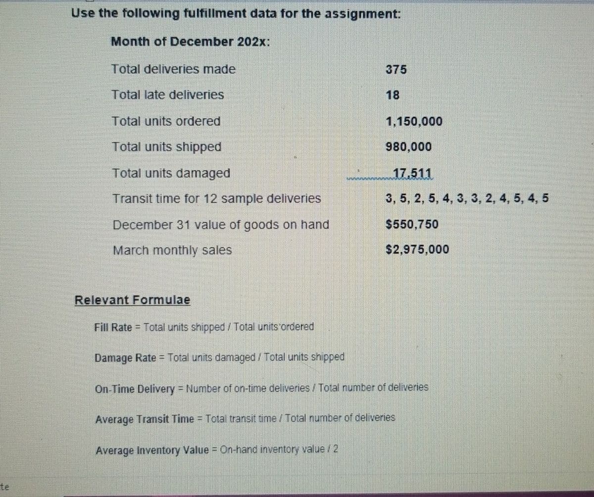 Use the following fulfillment data for the assignment:
Month of December 202x:
Total deliveries made
375
Total late deliveries
18
Total units ordered
1,150,000
Total units shipped
980,000
Total units damaged
17.511
Transit time for 12 sample deliveries
3, 5, 2, 5, 4, 3, 3, 2, 4, 5, 4, 5
December 31 value of goods on hand
$550,750
March monthly sales
$2,975,000
Relevant Formulae
Fill Rate Total units shipped/Total units ordered
Damage Rate = Total units damaged/Total units shipped
On-Time Delivery Number of on-time deliveries/Total number of deliveries
Average Transit Time = Tota transit time /Total number of celiveries
Average Inventory Value = On-hand inventory value / 2
te
