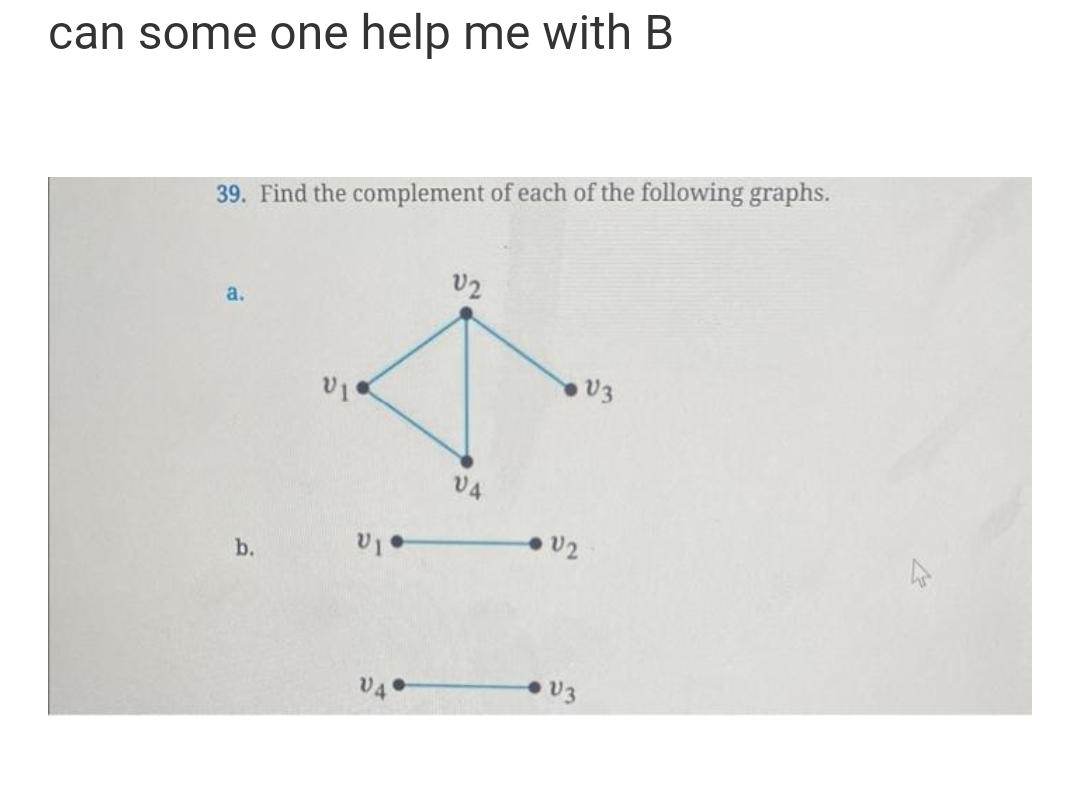 can some one help me with B
39. Find the complement of each of the following graphs.
a.
b.
VI
VI
V4
V2
VA
4
V2
V3
V3