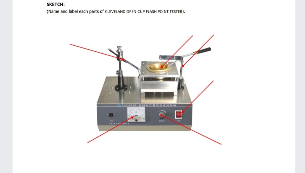 SKETCH:
(Name and label each parts of CLEVELAND OPEN-CUP FLASH POINT TESTER).
SYD-3686 克利夫兰开口闪点体验器
INSMANce
sman