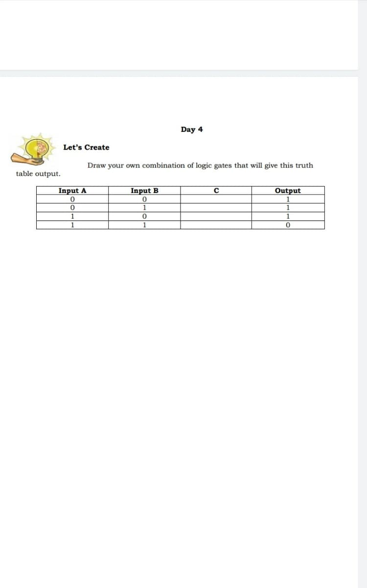 Day 4
Let's Create
Draw your own combination of logic gates that will give this truth
table output.
Input A
Input B
Output
1
1
1
