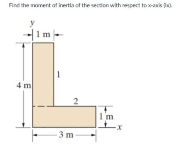 Find the moment of inertia of the section with respect to x-axis (Ix).
|1m |
1
4 m
1 m
3 m
