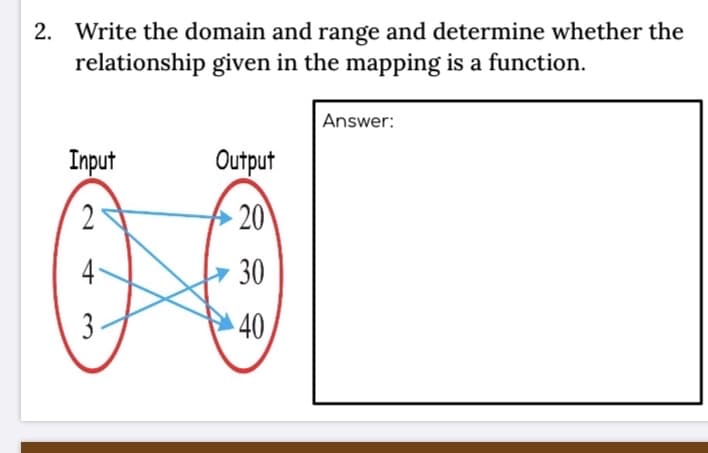 2.
Write the domain and range and determine whether the
relationship given in the mapping is a function.
Answer:
Input
Output
2
► 20
4
30
3-
40
