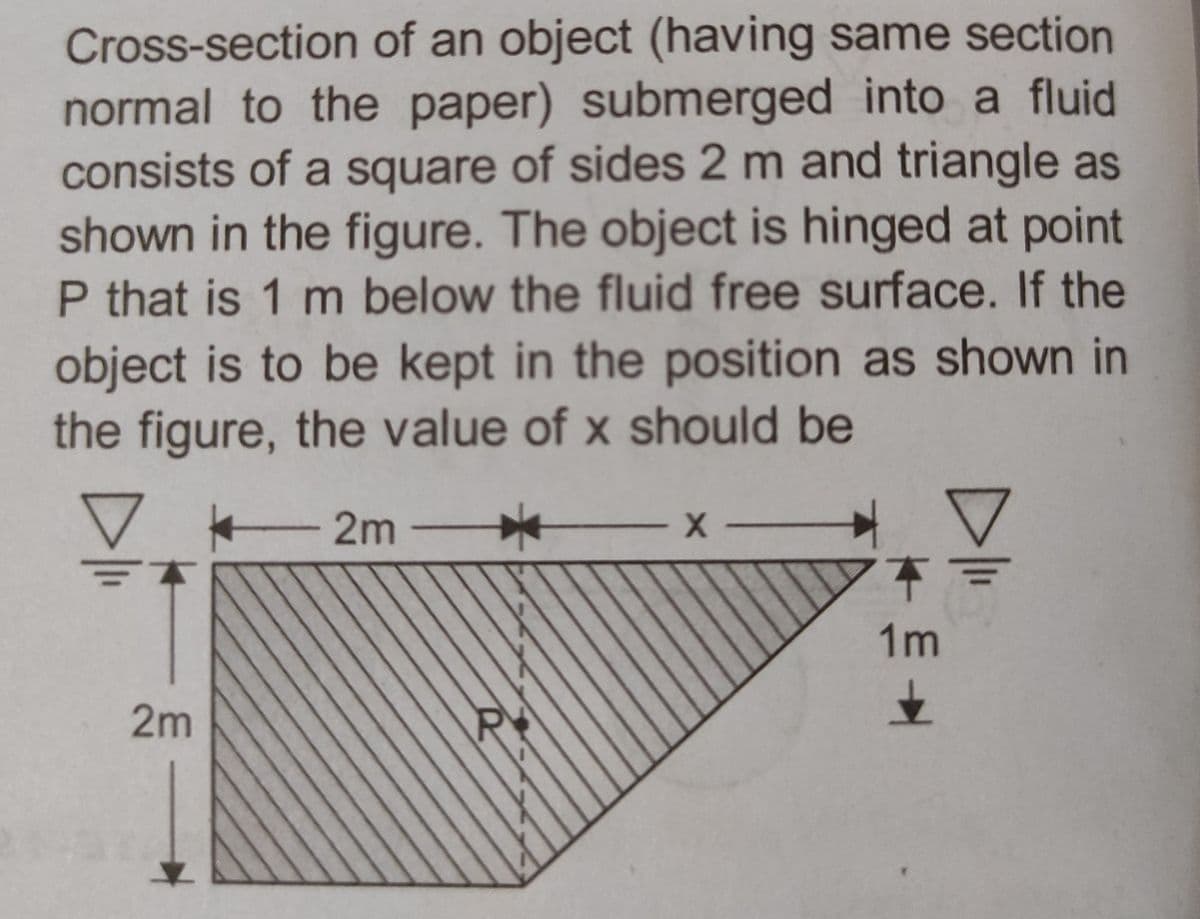 Cross-section of an object (having same section
normal to the paper) submerged into a fluid
consists of a square of sides 2 m and triangle as
shown in the figure. The object is hinged at point
P that is 1 m below the fluid free surface. If the
object is to be kept in the position as shown in
the figure, the value of x should be
2m
2m-
RY
X
4 4
+=
1m