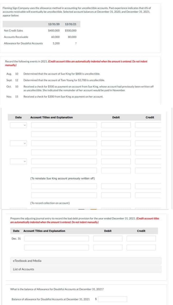 Fleming Sign Company uses the allowance method in accounting for uncollectible accounts. Past experience indicates that 6% of
accounts receivable will eventually be uncollectible. Selected account balances at December 31, 2020, and December 31, 2021.
appear below:
Net Credit Sales
Accounts Receivable
Allowance for Doubtful Accounts
Aug. 10
Sept. 12
Oct. 10
Record the following events in 2021. (Credit account titles are automatically indented when the amount is entered. Do not indent
manually)
Nov. 15
Date
12/31/20
12/31/21
$400,000 $500,000
60,000
80,000
5,200
Dec. 31
Determined that the account of Sue King for $800 is uncollectible.
Determined that the account of Tom Young for $3,700 is uncollectible.
Received a check for $500 as payment on account from Sue King, whose account had previously been written off
as uncollectible. She indicated the remainder of her account would be paid in November.
Received a check for $300 from Sue King as payment on her account.
Account Titles and Explanation
(To reinstate Sue King account previously written off)
(To record collection on account)
?
Date Account Titles and Explanation
eTextbook and Media
Prepare the adjusting journal entry to record the bad debt provision for the year ended December 31, 2021. (Credit account titles
are automatically indented when the amount is entered. Do not indent manually.)
List of Accounts
What is the balance of Allowance for Doubtful Accounts at December 31, 2021?
Balance of allowance for Doubtful Accounts at December 31, 2021 $
Debit
Debit
Credit
Credit