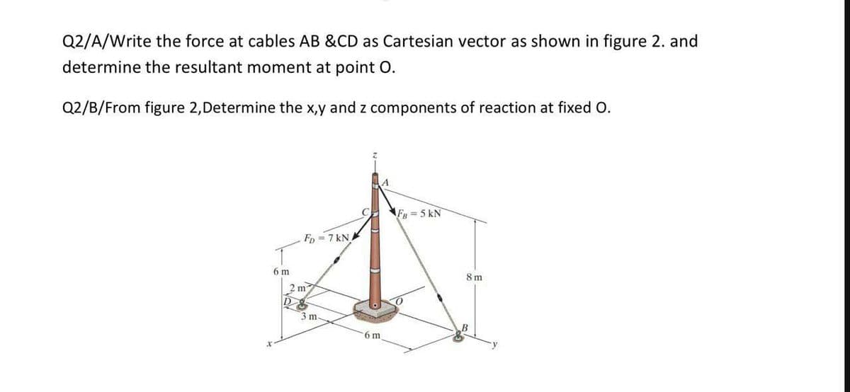 Q2/A/Write the force at cables AB &CD as Cartesian vector as shown in figure 2. and
determine the resultant moment at point O.
Q2/B/From figure 2, Determine the x,y and z components of reaction at fixed O.
6 m
FD=7 kN
2 m
3 m.
C
6 m
FB=5 kN
8m
B