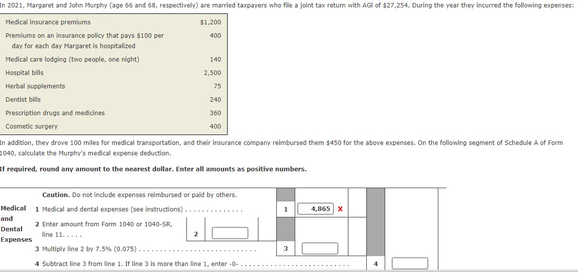 In 2021, Margaret and John Murphy (age 66 and 68, respectively) are married taxpayers who file a joint tax return with AGI of $27,254. During the year they incurred the following expenses:
Medical insurance premiums
Premiums on an insurance policy that pays $100 per
day for each day Margaret is hospitalized
Medical care lodging (two people, one night)
Hospital bills
Herbal supplements
Dentist bills
Prescription drugs and medicines
Cosmetic surgery
$1,200
400
Medical 1 Medical and dental expenses (see instructions).
and
Dental
Expenses
140
2,500
2
75
In addition, they drove 100 miles for medical transportation, and their insurance company reimbursed them $450 for the above expenses. On the following segment of Schedule A of Form
1040, calculate the Murphy's medical expense deduction.
If required, round any amount to the nearest dollar. Enter all amounts as positive numbers.
240
360
400
Caution. Do not include expenses reimbursed or paid by others.
2 Enter amount from Form 1040 or 1040-SR,
line 11......
3 Multiply line 2 by 7.5% (0.075). . . .
4 Subtract line 3 from line 1. If line 3 is more than line 1, enter -0-
1
3
4,865 X
4