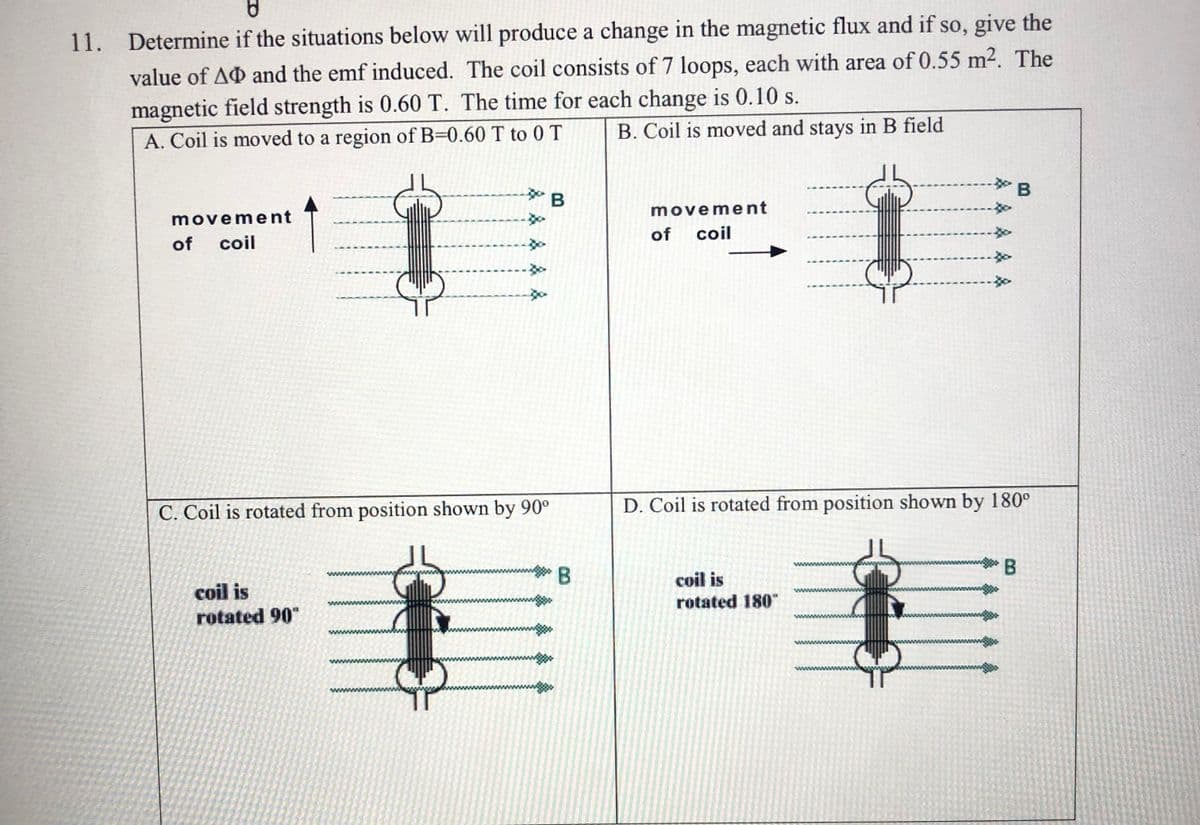 11. Determine if the situations below will produce a change in the magnetic flux and if so, give the
value of AO and the emf induced. The coil consists of 7 loops, each with area of 0.55 m2. The
magnetic field strength is 0.60 T. The time for each change is 0.10 s.
A. Coil is moved to a region of B=0.60 T to 0 T
B. Coil is moved and stays in B field
movement
movement
of
coil
of
coil
C. Coil is rotated from position shown by 90°
D. Coil is rotated from position shown by 180°
www
coil is
rotated 180"
coil is
ww
www
rotated 90"
www
www w
www
ww
ww
