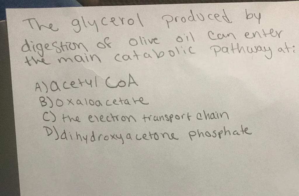 The glycerol produced by
digestion of
the main catabolic pathuay at:
olive
oil Can enter
A)acetyl CoA
B)Oxaloa cetate
C) the electron transport chain
DJdinydroxya cetone phosphate
