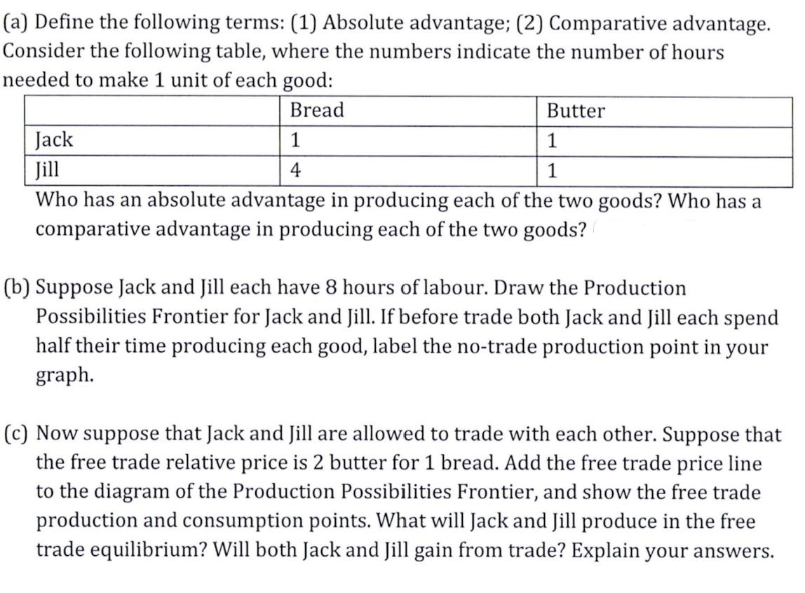 (a) Define the following terms: (1) Absolute advantage; (2) Comparative advantage.
Consider the following table, where the numbers indicate the number of hours
needed to make 1 unit of each good:
Bread
Butter
Jack
1
1
Jill
4
1
Who has an absolute advantage in producing each of the two goods? Who has a
comparative advantage in producing each of the two goods?
(b) Suppose Jack and Jill each have 8 hours of labour. Draw the Production
Possibilities Frontier for Jack and Jill. If before trade both Jack and Jill each spend
half their time producing each good, label the no-trade production point in your
graph.
(c) Now suppose that Jack and Jill are allowed to trade with each other. Suppose that
the free trade relative price is 2 butter for 1 bread. Add the free trade price line
to the diagram of the Production Possibilities Frontier, and show the free trade
production and consumption points. What will Jack and Jill produce in the free
trade equilibrium? Will both Jack and Jill gain from trade? Explain your answers.