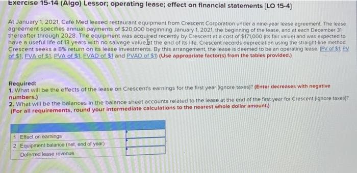 Exercise 15-14 (Algo) Lessor; operating lease; effect on financial statements [LO 15-4]
At January 1, 2021, Café Med leased restaurant equipment from Crescent Corporation under a nine-year lease agreement. The lease
agreement specifies annual payments of $20,000 beginning January 1, 2021, the beginning of the lease, and at each December 31
thereafter through 2028. The equipment was acquired recently by Crescent at a cost of $171,000 (its fair value) and was expected to
have a useful life of 13 years with no salvage value bat the end of its life. Crescent records depreciation using the straight-line method.
Crescent seeks a 8% return on its lease investments. By this arrangement, the lease is deemed to be an operating lease. (EV of $1. PV
of $1. FVA of $1. PVA of $1. FVAD of $1 and PVAD of $1) (Use appropriate factor(s) from the tables provided.)
Required:
1. What will be the effects of the lease on Crescent's earnings for the first year (ignore taxes)? (Enter decreases with negative
numbers.)
2. What will be the balances in the balance sheet accounts related to the lease at the end of the first year for Crescent (ignore taxes)?
(For all requirements, round your intermediate calculations to the nearest whole dollar amount.)
1 Effect on earnings
2 Equipment balance (net, end of year)
Deferred lease revenue