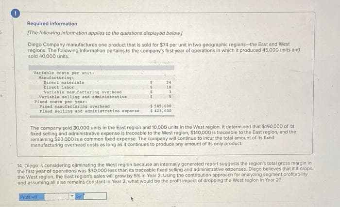 5
Required information
[The following information applies to the questions displayed below.]
Diego Company manufactures one product that is sold for $74 per unit in two geographic regions-the East and West
regions. The following information pertains to the company's first year of operations in which it produced 45,000 units and
sold 40,000 units.
Variable costa per unit:
Manufacturing:
Direct materials
Direct labor
Variable manufacturing overhead
Variable selling and administrative
Fixed costs per yeari
Fixed manufacturing overhead
Fixed selling and administrative expense
$
Profit will
24
5
$ 585,000
$ 423,000
The company sold 30,000 units in the East region and 10,000 units in the West region. It determined that $190,000 of its
fixed selling and administrative expense is traceable to the West region, $140,000 is traceable to the East region, and the
remaining $93,000 is a common fixed expense. The company will continue to incur the total amount of its fixed
manufacturing overhead costs as long as it continues to produce any amount of its only product.
14. Diego is considering eliminating the West region because an internally generated report suggests the region's total gross margin in
the first year of operations was $30,000 less than its traceable fixed selling and administrative expenses. Diego believes that if it drops
the West region, the East region's sales will grow by 5% in Year 2. Using the contribution approach for analyzing segment profitability
and assuming all else remains constant in Year 2, what would be the profit impact of dropping the West region in Year 2?