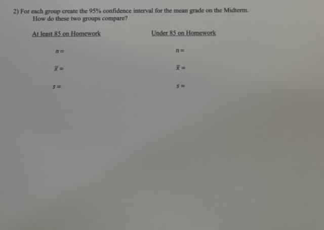 2) For each group create the 95% confidence interval for the mean grade on the Midterm.
How do these two groups compare?
At least 85 on Homework
n=
X=
S=
Under 85 on Homework
n=
X=
S=