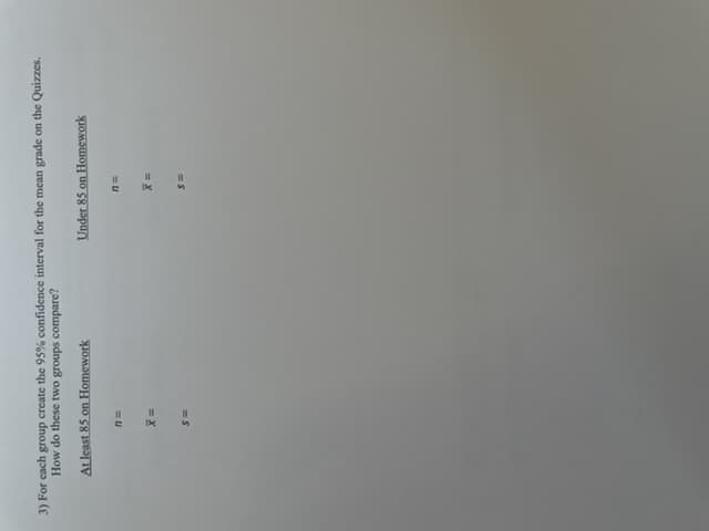 3) For each group create the 95% confidence interval for the mean grade on the Quizzes.
How do these two groups compare?
At least 85 on Homework
n=
x =
S=
Under 85 on Homework
n=
S=