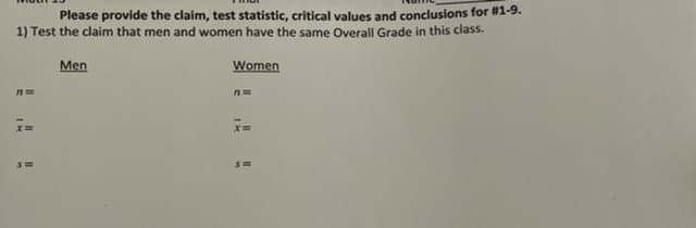 Please provide the claim, test statistic, critical values and conclusions for #1-9.
1) Test the claim that men and women have the same Overall Grade in this class.
A=
x=
S=
Men
Women
A=
Sm