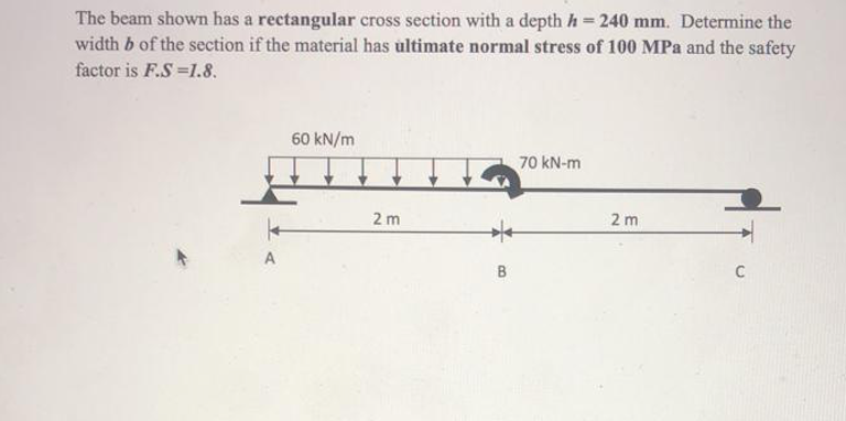 The beam shown has a rectangular cross section with a depth h = 240 mm. Determine the
width b of the section if the material has ultimate normal stress of 100 MPa and the safety
factor is F.S 1.8.
60 kN/m
70 kN-m
2 m
2 m
A
B
C
