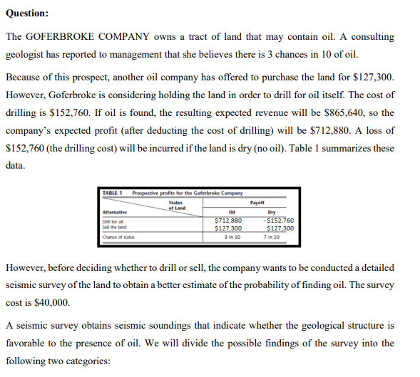 Question:
The GOFERBROKE COMPANY owns a tract of land that may contain oil. A consulting
geologist has reported to management that she believes there is 3 chances in 10 of oil.
Because of this prospect, another oil company has offered to purchase the land for $127,300.
However, Goferbroke is considering holding the land in order to drill for oil itself. The cost of
drilling is $152,760. If oil is found, the resulting expected revenue will be $865,640, so the
company's expected profit (after deducting the cost of drilling) will be $712,880. A loss of
$152,760 (the drilling cost) will be incurred if the land is dry (no oil). Table 1 summarizes these
data.
TABLE 1
Prospective profits for the Goferbroke Company
Status
of Land
Payoff
Alternative
Dry
$712,880
$127,300
- $152,760
$127,300
D for of
Sell the land
Chance of status
3 in 10
7 in 10
However, before deciding whether to drill or sell, the company wants to be conducted a detailed
seismic survey of the land to obtain a better estimate of the probability of finding oil. The survey
cost is $40,000.
A seismic survey obtains seismic soundings that indicate whether the geological structure is
favorable to the presence of oil. We will divide the possible findings of the survey into the
following two categories:
