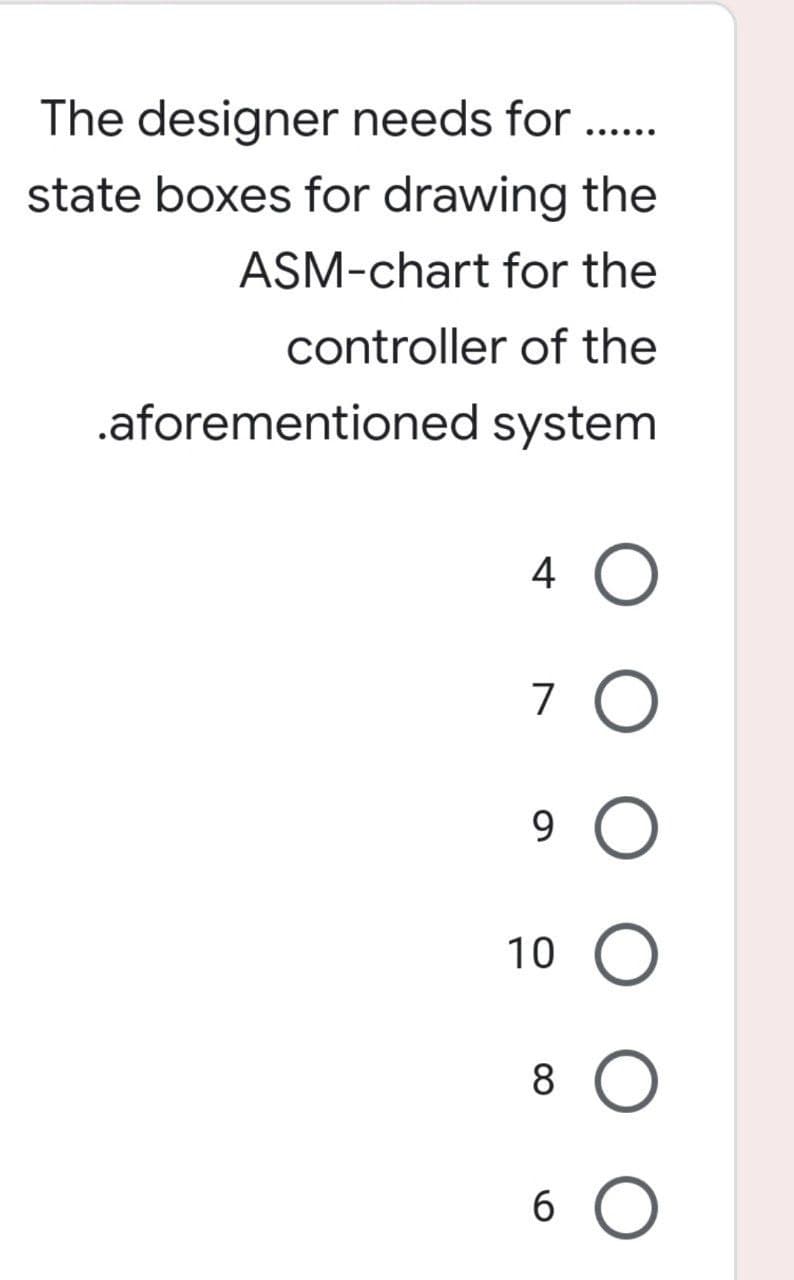 The designer needs for ......
state boxes for drawing the
ASM-chart for the
controller of the
.aforementioned system
4 O
7 O
9
10 O
8
6 O