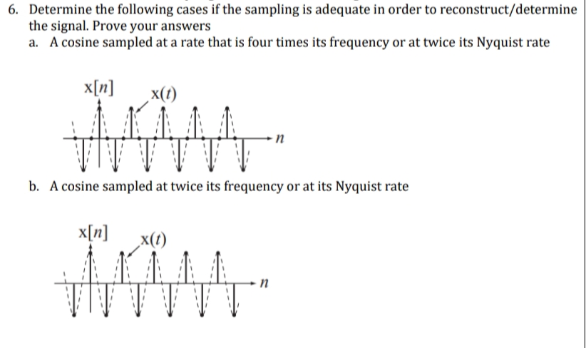 6. Determine the following cases if the sampling is adequate in order to reconstruct/determine
the signal. Prove your answers
a. A cosine sampled at a rate that is four times its frequency or at twice its Nyquist rate
x[n]
(1)x'
b. A cosine sampled at twice its frequency or at its Nyquist rate
x[n]
x(1)
n
