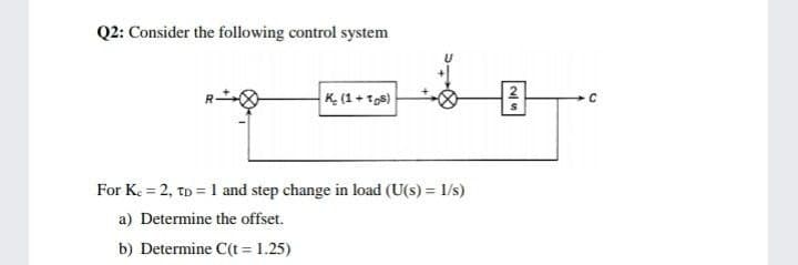 Q2: Consider the following control system
K (1+ ts)
For K. = 2, tD = 1 and step change in load (U(s) = 1/s)
a) Determine the offset.
b) Determine C(t = 1.25)
