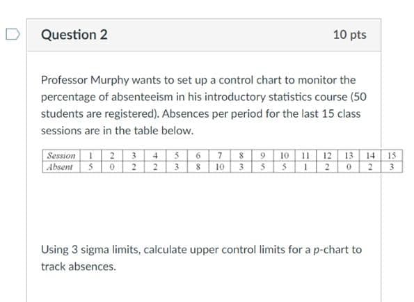 D Question 2
10 pts
Professor Murphy wants to set up a control chart to monitor the
percentage of absenteeism in his introductory statistics course (50
students are registered). Absences per period for the last 15 class
sessions are in the table below.
4 5 6 7 8 9 10 11 12 13 14
Session 2 3
Absent 502 2 38
10
3 5 5
T
15
2 0
2
3
Using 3 sigma limits, calculate upper control limits for a p-chart to
track absences.