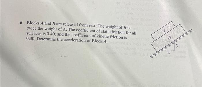 6. Blocks A and B are released from rest. The weight of B is
twice the weight of A. The coefficient of static friction for all
surfaces is 0.40, and the coefficient of kinetic friction is
0.30. Determine the acceleration of Block A.
4
B
TRUMwamTI
3