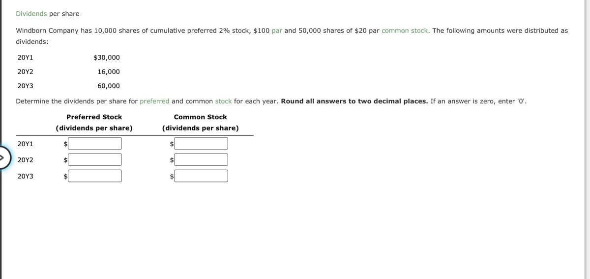 Dividends per share
Windborn Company has 10,000 shares of cumulative preferred 2% stock, $100 par and 50,000 shares of $20 par common stock. The following amounts were distributed as
dividends:
20Y1
20Y2
20Y3
Determine the dividends per share for preferred and common stock for each year. Round all answers to two decimal places. If an answer is zero, enter '0'.
Preferred Stock
Common Stock
(dividends per share)
(dividends per share)
20Y1
20Y2
$30,000
16,000
60,000
20Y3
$