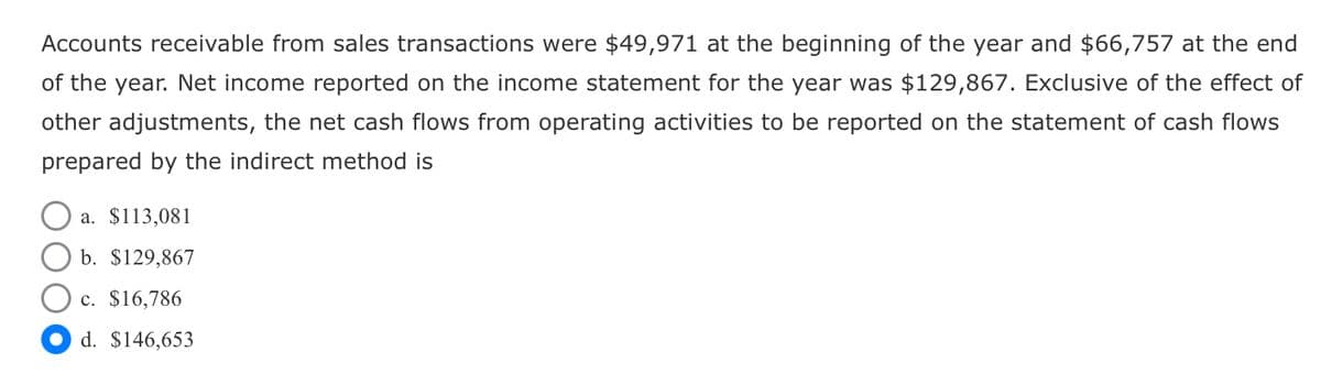 Accounts receivable from sales transactions were $49,971 at the beginning of the year and $66,757 at the end
of the year. Net income reported on the income statement for the year was $129,867. Exclusive of the effect of
other adjustments, the net cash flows from operating activities to be reported on the statement of cash flows
prepared by the indirect method is
a. $113,081
b. $129,867
c. $16,786
d. $146,653