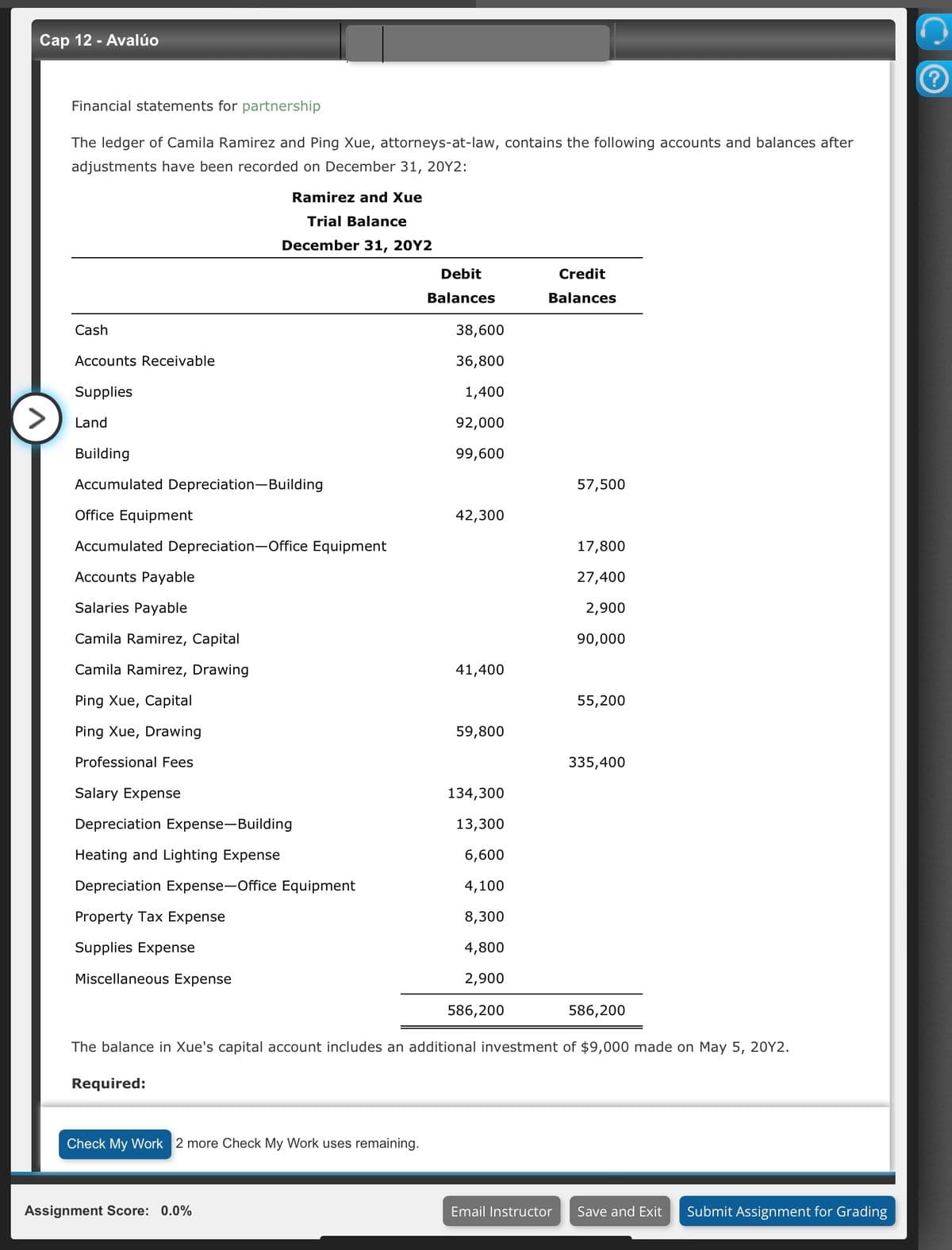 Cap 12 - Avalúo
>
Financial statements for partnership
The ledger of Camila Ramirez and Ping Xue, attorneys-at-law, contains the following accounts and balances after
adjustments have been recorded on December 31, 20Y2:
Cash
Accounts Receivable
Supplies
Land
Building
Accumulated Depreciation-Building
Office Equipment
Accumulated Depreciation-Office Equipment
Accounts Payable
Salaries Payable
Camila Ramirez, Capital
Camila Ramirez, Drawing
Ping Xue, Capital
Ping Xue, Drawing
Professional Fees
Ramirez and Xue
Trial Balance
December 31, 20Y2
Salary Expense
Depreciation Expense-Building
Heating and Lighting Expense
Depreciation Expense-Office Equipment
Property Tax Expense
Supplies Expense
Miscellaneous Expense
Required:
Check My Work 2 more Check My Work uses remaining.
Assignment Score: 0.0%
Debit
Balances
38,600
36,800
1,400
92,000
99,600
42,300
41,400
59,800
134,300
13,300
6,600
4,100
8,300
4,800
2,900
586,200
Credit
Balances
57,500
17,800
27,400
2,900
90,000
55,200
The balance in Xue's capital account includes an additional investment of $9,000 made on May 5, 20Y2.
335,400
586,200
Email Instructor Save and Exit Submit Assignment for Grading
?