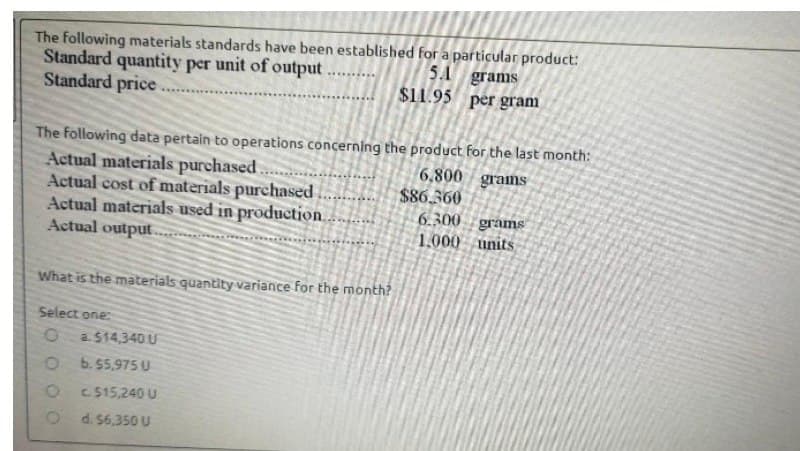 The following materials standards have been established for a particular product:
Standard quantity per unit of output
Standard price
5A grams
$11.95
......
per gram
The following data pertain to operations concerning the product for the last month:
Actual materials purchased
Actual cost of materials purchased
Actual materials used in production.
Actual output
6,800 grams
$86.360
6.300 grams
1,000 units
What is the materials quantity variance for the month?
Select one:
a. $14,340 U
6. 55,975 U
C. $15,240 U
d. $6,350 U
