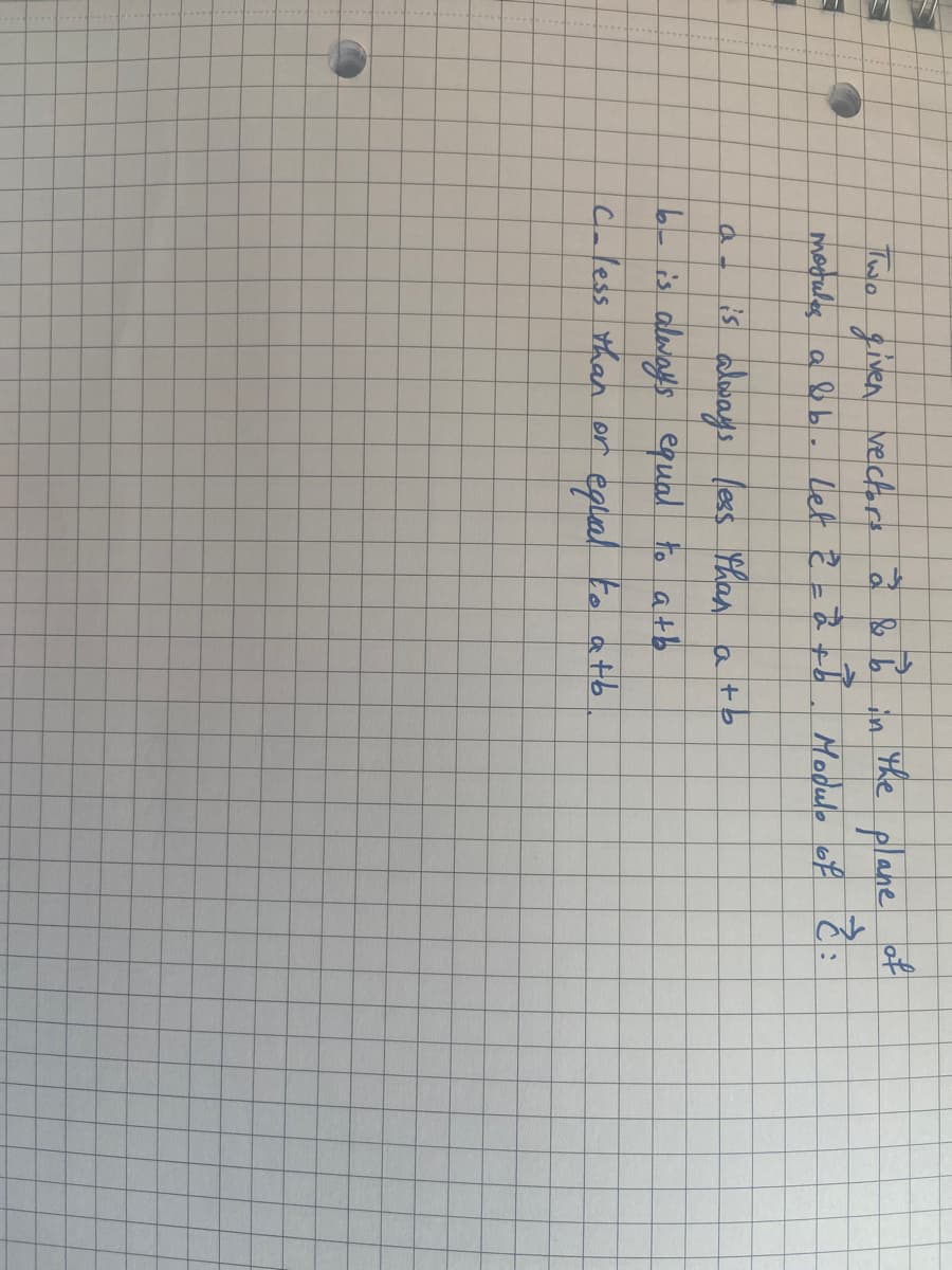 Two given vectors à & bo in the plane of
a
→
modules alb. let 2= a + b
Modulo of 2:
is always less than a +b
b- is always equal to atb
C-less than or
equal to atb