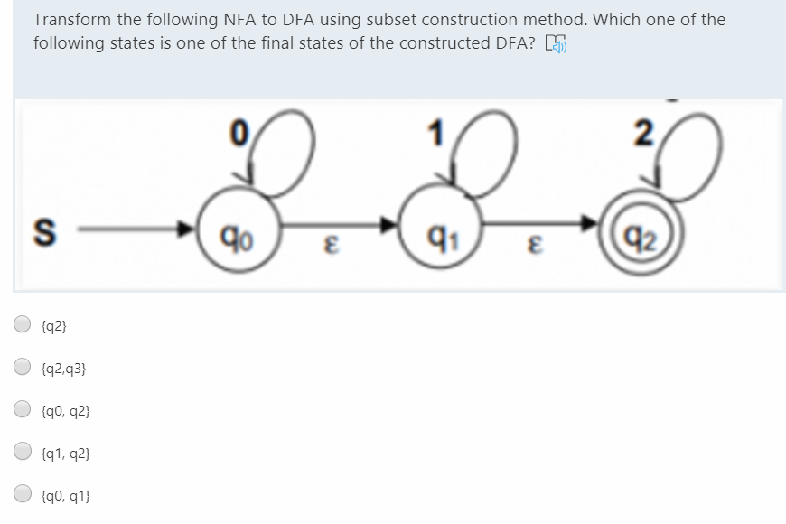 Transform the following NFA to DFA using subset construction method. Which one of the
following states is one of the final states of the constructed DFA? 5
2
S
90
92
{q2}
{q2,q3}
{q0, q2}
{q1, q2}
{q0, q1}
