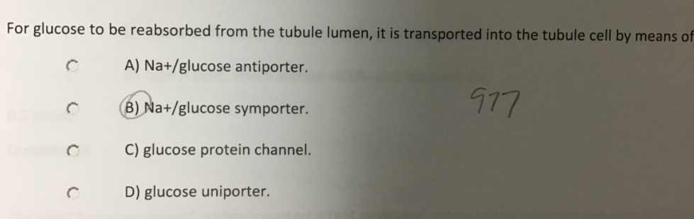 For glucose to be reabsorbed from the tubule lumen, it is transported into the tubule cell by means of
A) Na+/glucose antiporter.
B) Na+/glucose symporter.
977
C) glucose protein channel.
D) glucose uniporter.
