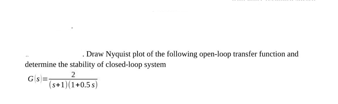 .
Draw Nyquist plot of the following open-loop transfer function and
determine the stability of closed-loop system
2
Gs=
(s+1) (1+0.5 s)