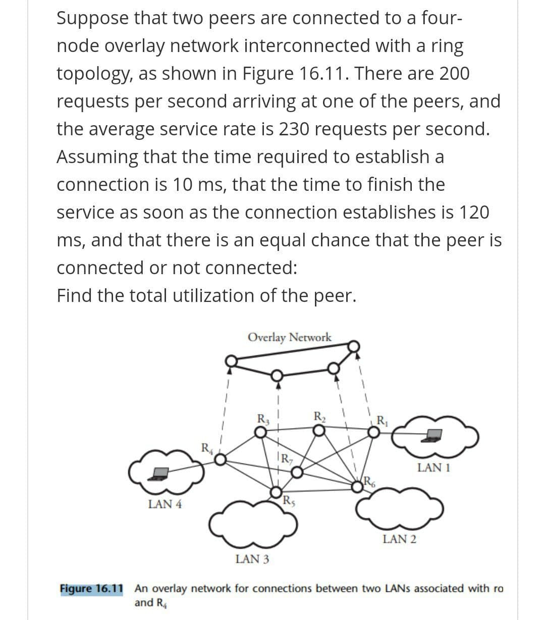 Suppose that two peers are connected to a four-
node overlay network interconnected with a ring
topology, as shown in Figure 16.11. There are 200
requests per second arriving at one of the peers, and
the average service rate is 230 requests per second.
Assuming that the time required to establish a
connection is 10 ms, that the time to finish the
service as soon as the connection establishes is 120
ms, and that there is an equal chance that the peer is
connected or not connected:
Find the total utilization of the peer.
Overlay Network
R3
IR7
LAN 1
R6
Rs
LAN 4
LAN 2
LAN 3
Figure 16.11 An overlay network for connections between two LANS associated with ro
and R4
